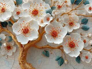 Luxurious 3D white floral tree of life with gold branches and sculpted blossoms wall art design