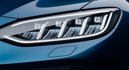 Sleek Modern Car LED Headlight Detail on Blue Vehicle perfect for automotive industry marketing, car reviews, technology blogs, website banners,