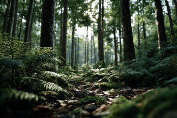 Obraz premium Serene Forest Pathway Surrounded by Lush Ferns