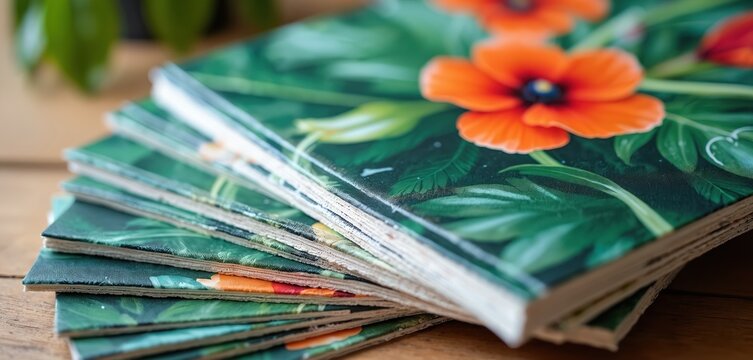 Stack of small handmade journals with vibrant orange flower, green leaf covers. Rest on wooden table. Artistic floral notebooks for writing drawing inspire creativity, nature appreciation for