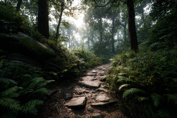 Naklejka premium Tranquil Pathway Through Lush Green Forest