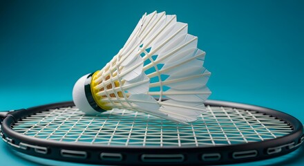 Badminton Shuttlecock on Racket against Blue Background perfect for sports advertising, fitness blog, website banner, sports magazine, poster design,