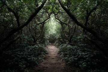 Obraz premium Enchanted Forest Pathway Between Lush Greenery