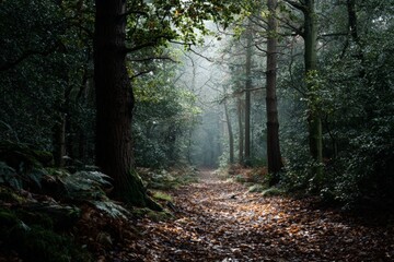 Naklejka premium Mystic Forest Path Through Foggy Woods