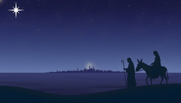 Silhouette of mary and joseph on a donkey traveling towards a city under a starry night sky