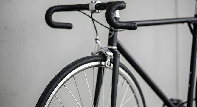 Sleek Black Fixed Gear Bicycle Detail on Gray Background perfect for cycling blog, fitness article, urban lifestyle website, bike shop promotion,