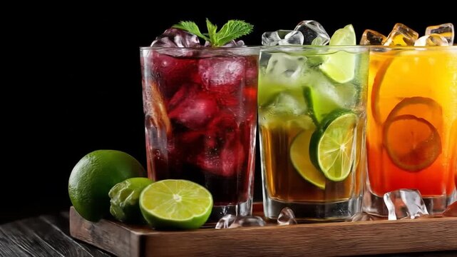 Colorful refreshing cocktails displayed on a dark surface for various uses
