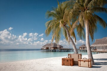 Vintage suitcases on a tropical beach.