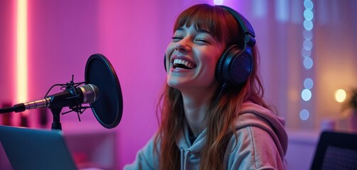 Cheerful woman records content at home studio. Girl wears headphones, smiles at microphone. Female podcaster records podcast in vibrant room. Blogger streams online in colorful workspace with laptop.