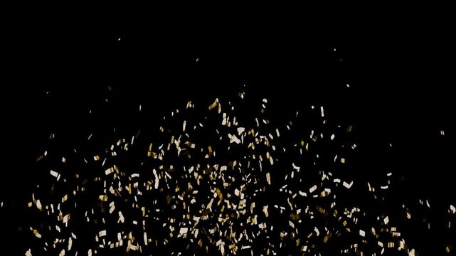 A firework of golden confetti particles moving toward the center. New Year, Christmas festival. Abstract sparkling golden confetti. Award, celebration, glamorous awards ceremony, background animation.