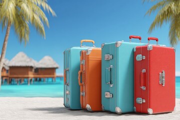 Colorful suitcases on a tropical beach.