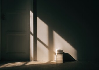 Sunlight casts shadows on a stack of books in a room.