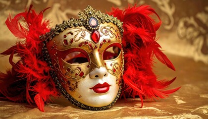 Luxurious Venetian masquerade mask in gold and red with ornate detailing, jewels and vibrant feathers, lying on golden fabric. Carnival, mystery ball, festive theater, party, luxury decor, 