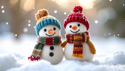  Two cute snowmen in colorful hats and scarves standing together in snowy winter landscape. Christmas, friendship, holiday decor, cheerful, outdoor, festive, childhood fun, winter family, 
