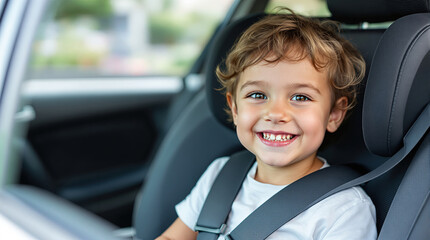 Happy child smiling widely in a car, buckled up safely