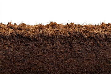 Cross section of rich dark soil with visible roots and organic matter against a white background