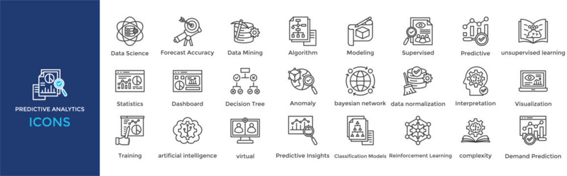 Predictive Analytics icon set. Containing  Data Mining, Algorithm, Modeling, Supervised, Predictive