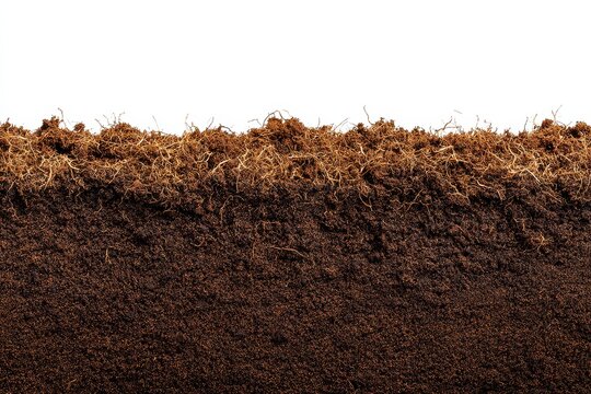 Cross section of rich dark soil with visible roots and organic matter against a white background