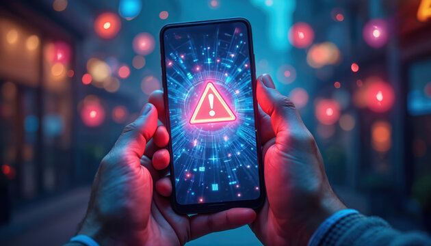 Man holds smartphone with warning alert on screen, glowing digital lines and abstract shapes. Danger notification appears on mobile device display outdoors at night.