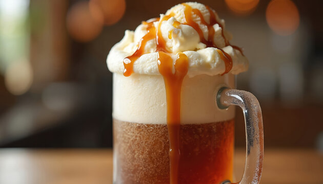 Close-up shot shows root beer float in frosted glass mug. Features scoops of vanilla ice cream, caramel sauce drizzling down creamy foam. Sweet, cold beverage perfect summer dessert treat for hot