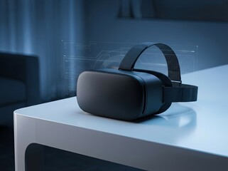 Sleek virtual reality headset with futuristic holographic interface on a modern white table