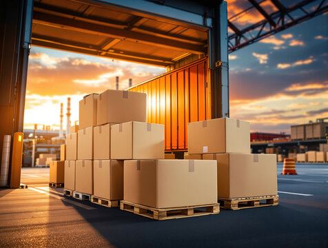 Logistics hub with cardboard boxes on pallets at a warehouse loading dock during sunset
