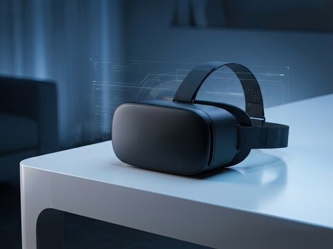 Sleek virtual reality headset with futuristic holographic interface on a modern white table