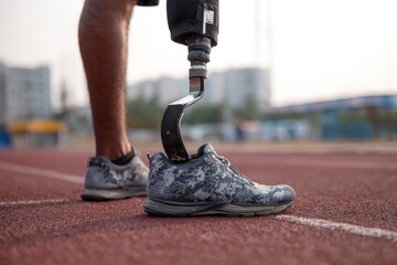 A person with a prosthetic leg stands on a red running track