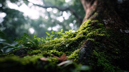Fototapeta premium Enchanting moss covered tree trunk basking in the soft diffused forest light