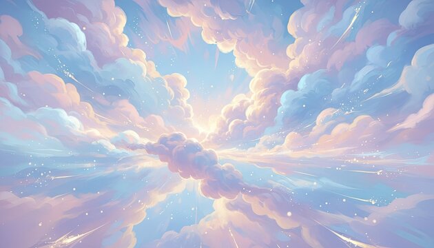 Dreamy pastel sky filled with soft fluffy clouds and sparkling golden light during sunrise or sunset hours ethereal glow and atmospheric perspective - Powered by Adobe