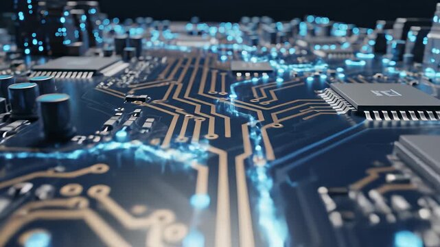 Technological advancements in circuitry and animation are showcased through a meticulously arranged computer motherboard, highlighting the complex machinery that drives innovation.