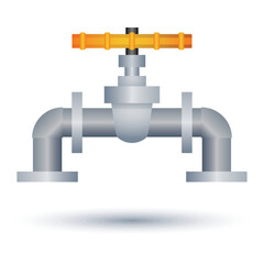 Industrial Metal Gate Valve with Orange and Yellow Handle on a White Background Featuring a Subtle Shadow Effect and Clear Metallic Texture