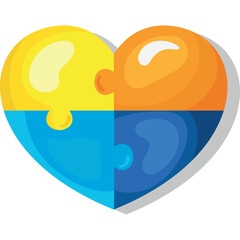 Interlocking Heart Puzzle Pieces Yellow Orange Blue With Shadows On Transparent Background Representing Connection Unity And Love