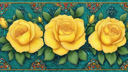 Detailed illustration of three yellow roses on a teal background.