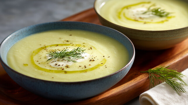 Creamy leek potato soup puree with dill and sour cream
