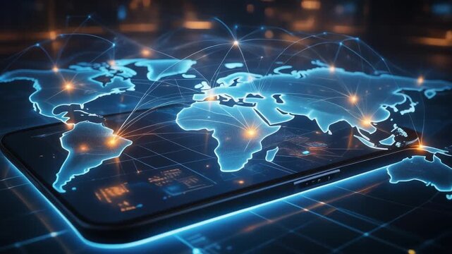 Global Network Connectivity World Map Projecting from a Smartphone