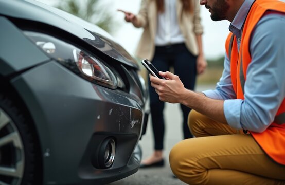 Insurance agent inspects car crash site with client pointing at vehicle damage. Man documents accident damage. Insurance adjuster uses phone to take pics for accident report claim assessment.
