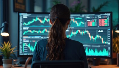 Woman analyzes stock market data on computer. She studies financial charts and graphs on multiple screens. Trading digital assets and crypto currency at her desk.