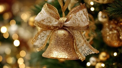 Glistening golden bell ornament adorned with a decorative bow hangs on a festive evergreen tree.