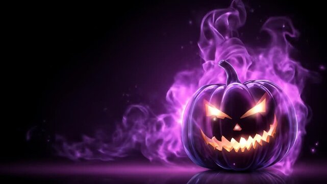 Glowing purple pumpkin with fiery smoke on black background