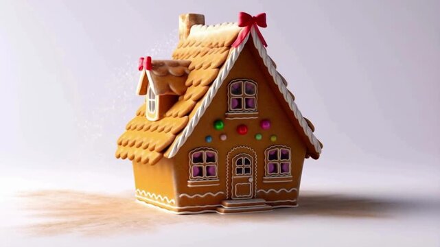 Hyper Realistic Gingerbread House 360&deg; Rotation on White Background. The gingerbread house features detailed icing patterns, candy decorations, gumdrops, sugar windows, and textured cookie surfaces. 