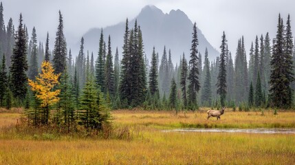 Majestic wild ungulate stands in a mist-shrouded marshland bordered by tall coniferous trees and distant peaks
