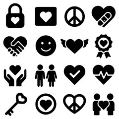 Symbols of Affection and Unity: A collection of diverse icons, encompassing hearts, peace signs, and symbols of connection, celebrating love, peace, and togetherness. 
