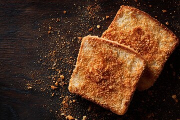 Two slices of toast heavily covered in crumbs lie on a dark wooden surface with scattered crumbs