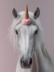 Anthropomorphic white horse with a pink ice cream scoop in a cone on its forehead, looking like a unicorn