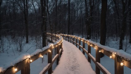 Snowy Forest Path Illuminated by Warm String Lights.