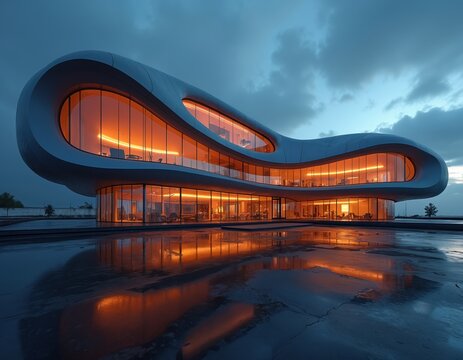 Futuristic organic building with large glass windows glows warmly at dusk. Modern architecture reflects on wet pavement outside. Sleek curvilinear structure stands against cloudy sky.