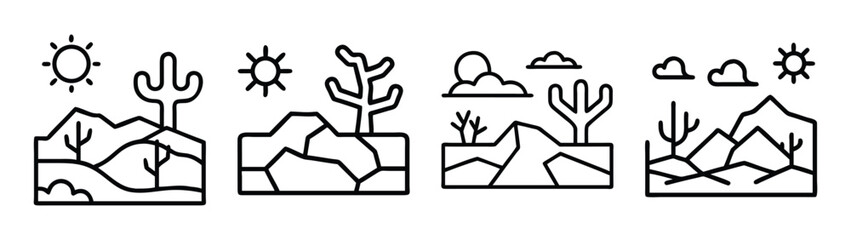 Vector desert landscape scene with cactus, sun, mountains and clouds line art illustration drawing