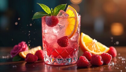 Glass filled with cold red drink, ice cubes, fresh raspberries, orange slice, and mint leaves. Berries and citrus slices are scattered on wooden surface. Refreshing summer beverage.