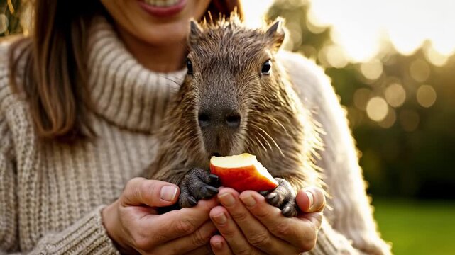 Woman holds a cute animal while smiling in a park during golden hour, sharing an apple slice in a warm and joyful moment